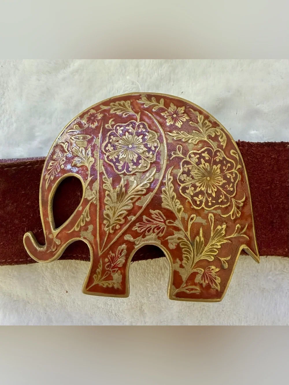 Enamel Brass Belt Buckle Elephant Floral Reddish Maroon Brown Detailed Vintage